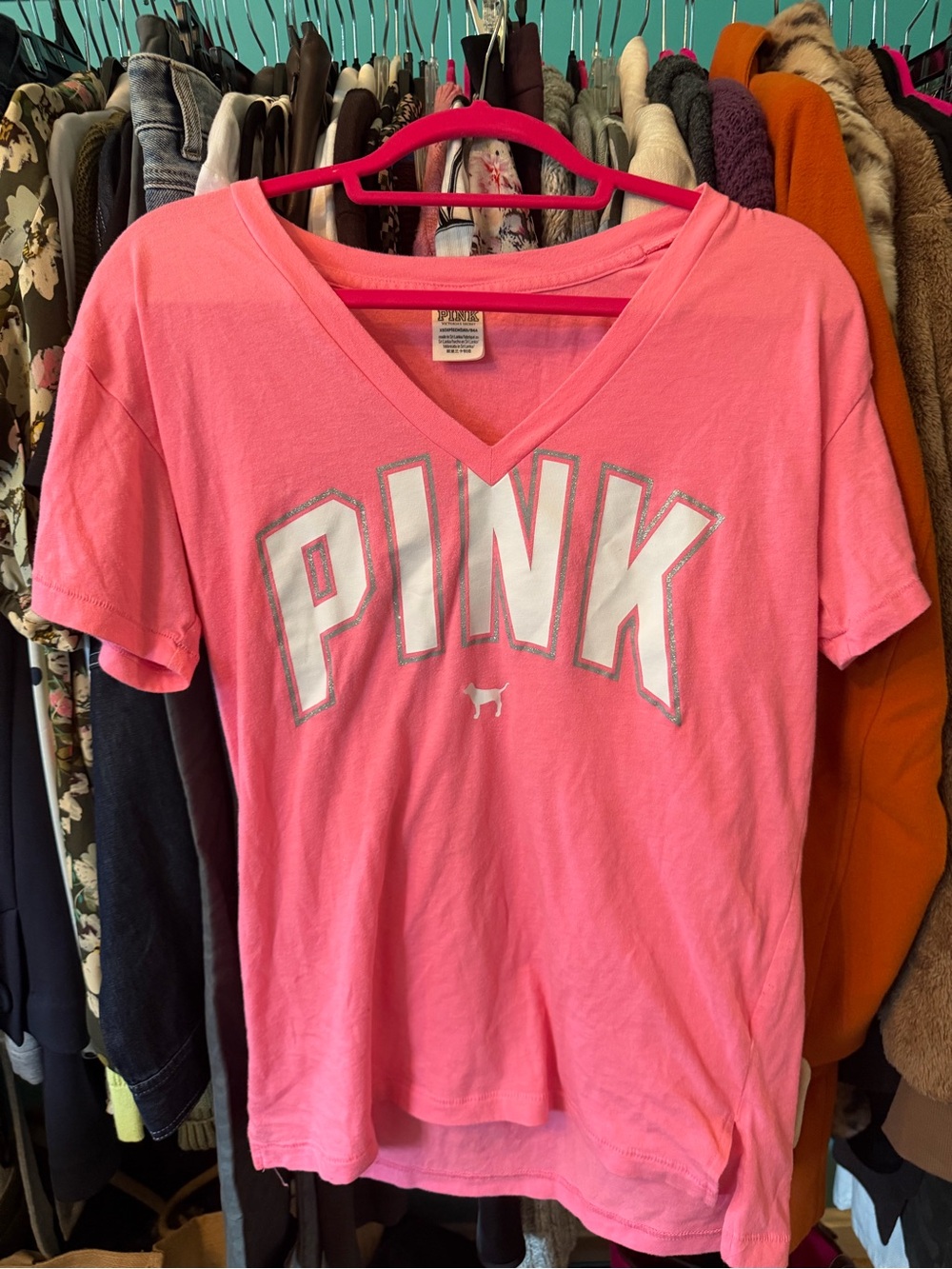 PINK Victoria's Secret Coral Pink V-Neck Logo Tee